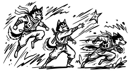 Obraz premium Black and White Line Art of Three Husky Ninjas in Action