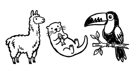 Fototapeta premium Cute Llama, Otter with Fish, Toucan on Branch - Line Art For Kids