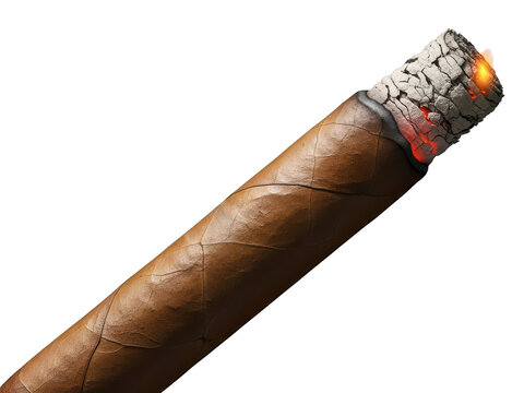 Premium cigar with lit end and detailed wrapper isolated on transparent background