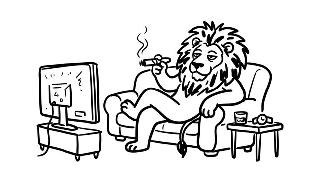 Leisure Lifestyle: Cartoon Lion on Sofa Watching TV with Cigar - Black  White Doodle Art