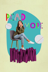 Naklejka premium Pop image sketch 3d collage poster of happy girl guy stand book stack library education bookworm hobby university student learner
