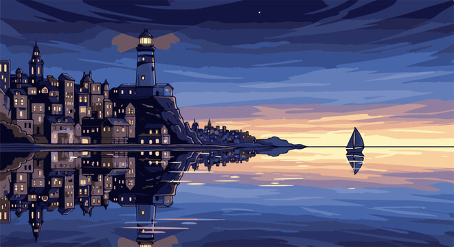 Coastal town with a lighthouse and sailboat at dusk