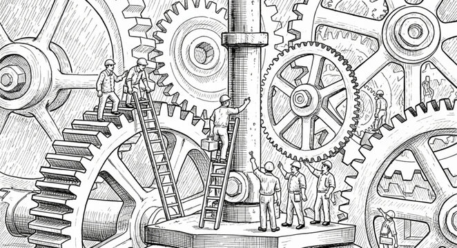 Close up interlocking metal gears and cogs.