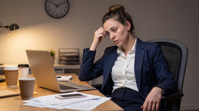 Young woman stressed while working on laptop at office desk  