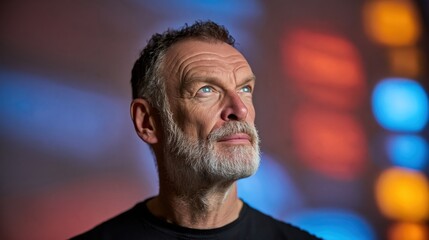 Fototapeta premium Mature Man with Grey Beard Looking Up into Cinematic Lights