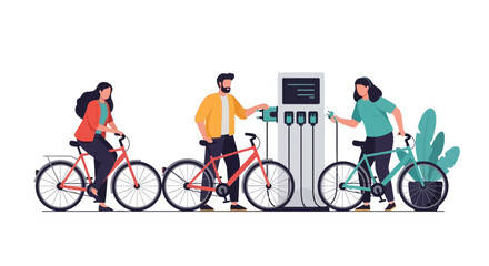 Fototapeta premium Urban CitiBike Sharing System with People Cycling and Charging Station