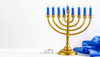 Fototapeta premium Golden Menorah with Blue Candles and Dreidel on White Surface