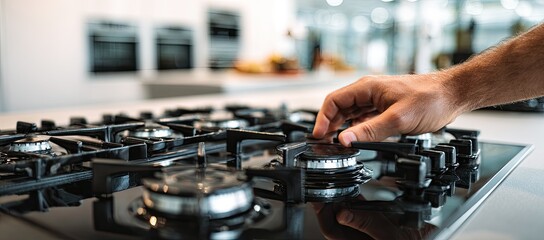 Naklejka premium Hand turning a sleek black gas cooktop knob, preparing to cook in a modern kitchen
