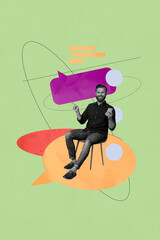 Trendy poster art collage of happy girl guy stand communication icon dialogue conversation chat...