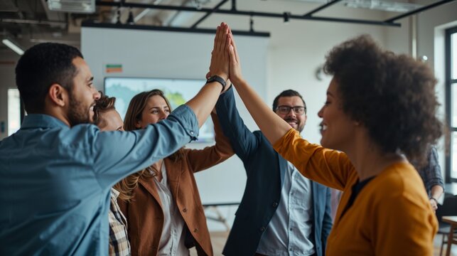 Diverse team high-fiving after successful project completion