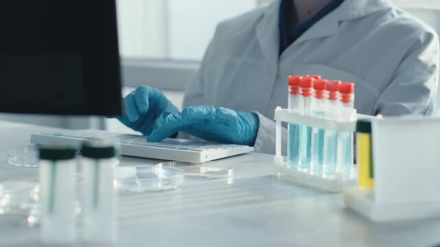 Laboratory professional types on a keyboard while conducting research, with test tubes and lab equipment visible. The scene highlights modern science, technology, and medical advancements in research