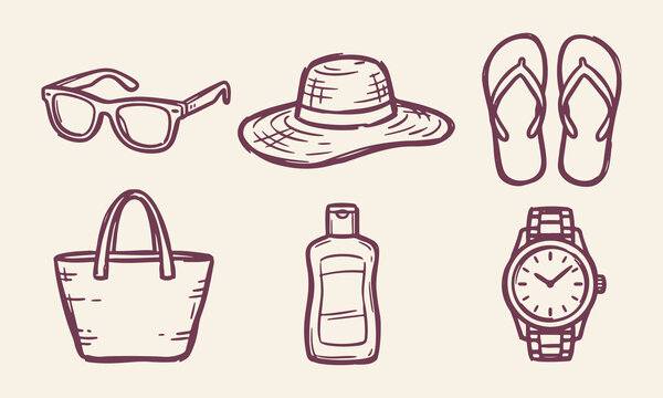 Summer Accessories Set Sunglasses Hat Sandals Bag and Watch Collection Hand Drawn Line Art Vector Illustration Design.