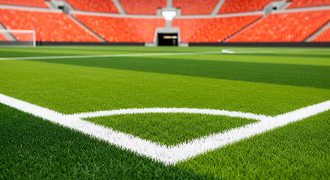 Close up of the corner kick line on a green soccer field with white markings and blurred orange stadium seats in the background during a professional sports match or tournament competition