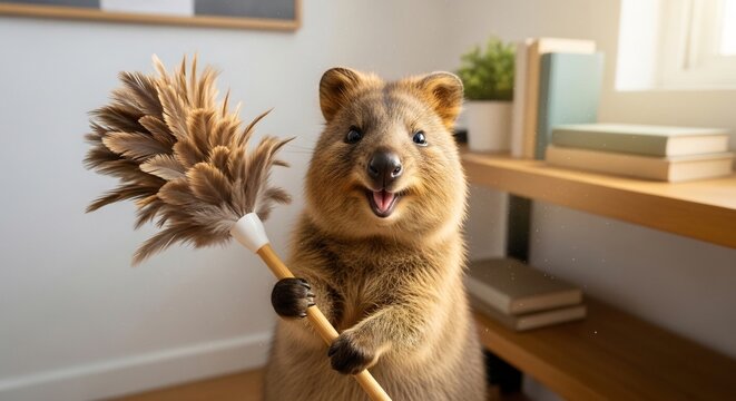 A cheerful quokka holding a feather duster ready for cleaning.