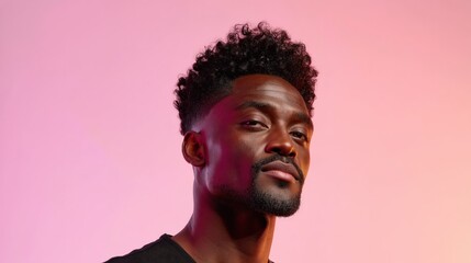 Fototapeta premium Portrait of a Stylish Young Black Man with Neon Pink Studio Lighting