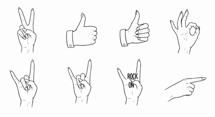 Fototapeta premium Collection of hand gestures including peace, thumbs up, okay, rock on and pointing