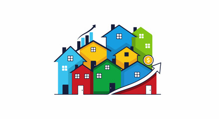 Fototapeta premium Colorful houses with rising graph and dollar coin symbolize real estate growth