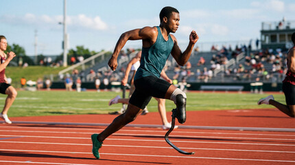 Obraz premium Young black man sprinting on track field during race event, concept of International Day of Persons with Disabilities 