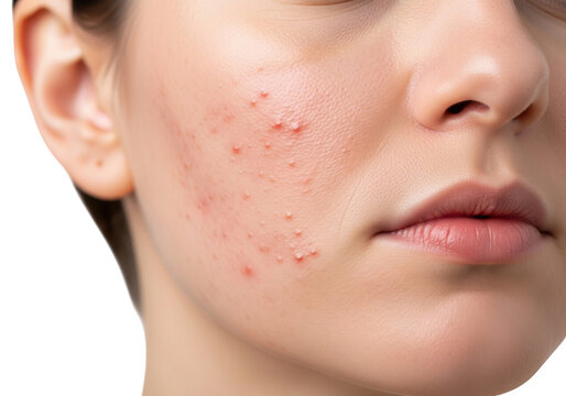 Close-up of skin showing acne and minor facial breakouts on a person's cheek