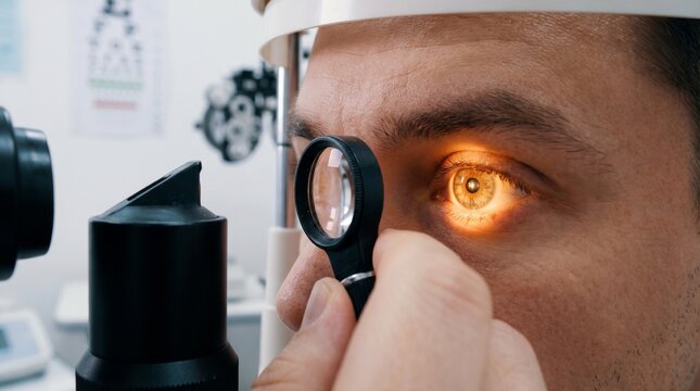 A close-up of a man undergoing an eye examination with a magnifying glass