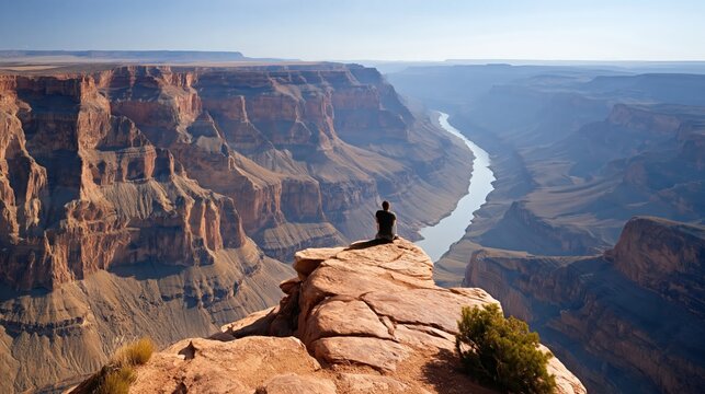 Man Sitting on Cliff Edge Overlooking the Grand Canyon and River