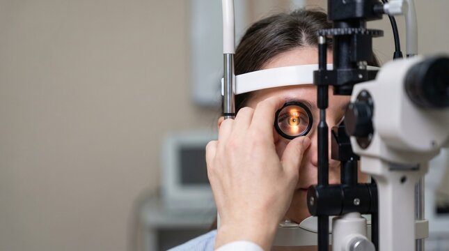 A woman undergoes an eye examination with a phoropter in a medical setting.
