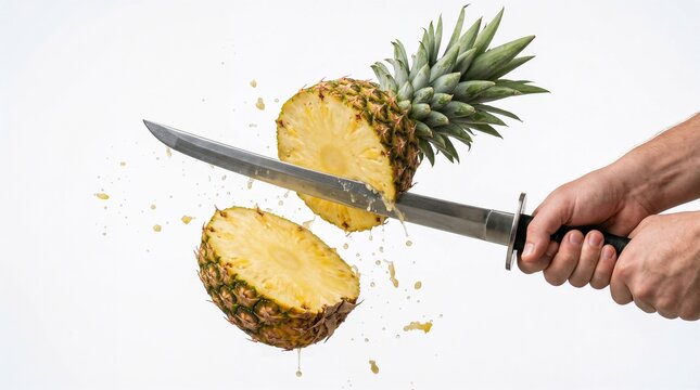Flying pineapple sliced with sword