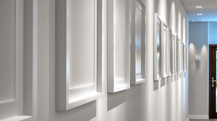 Fototapeta premium Minimalist White Corridor with Blank Picture Frame Mockups