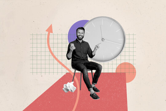 Creative full art collage of happy businessman businesswoman stand clock expire limit arrow development progress crumpled paper