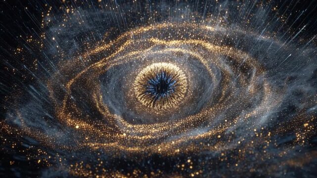 An ancient spiral galaxy swirls in deep space with a rusted metal texture and a fossil shell pattern of stone and wood