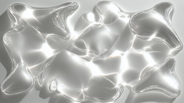 Wallpaper background of transparent abstract liquid glass shapes with glowing reflections on white surface with caustics effect