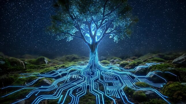 Mystical glowing tree with digital circuit roots under starry night sky, fantasy landscape with blue luminescent technology patterns flowing through ground.