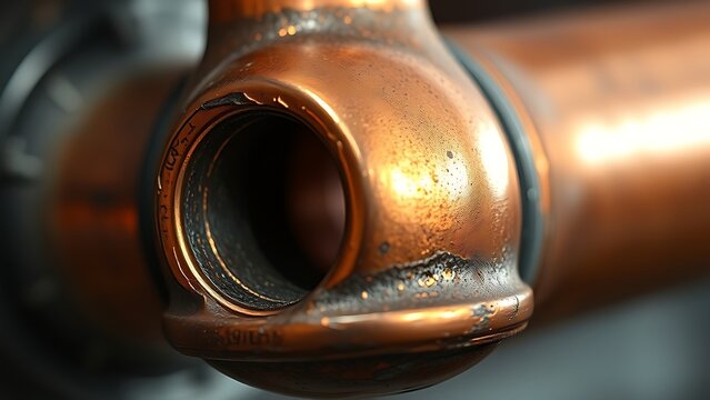 brazed. Close-up of a copper pipe joint with a shiny brazed seam and oxidation. safety posters, maintenance manuals, designed for industrial assembly lines and welding operations, used by engineers.