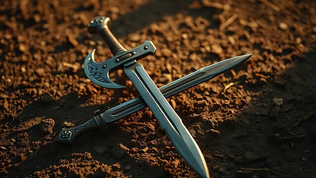 speciation. Medieval sword and axe crossed on a ground, dirt and minimal debris, dramatic side lighting. event programs, museum guides, designed for cultural heritage projects and event programs.