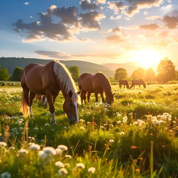 A sun-drenched pastoral scene depicts several grazing equines in a lush meadow dotted with wildflowers. A golden sunset bathes the vista