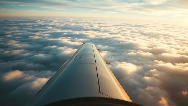 monoplane. View from a cockpit of a monoplane wing extending over a sea of clouds. mobility guides, transit brochures, designed for transport & logistics marketing, supports logistics messaging.