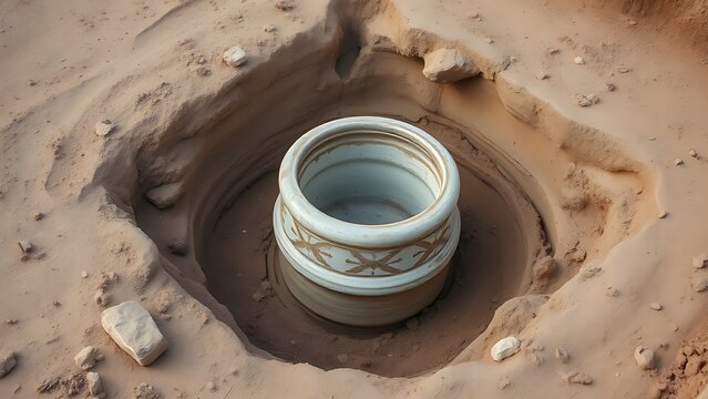 latrine. An unearthed ancient ceramic latrine at an archaeological dig site. event programs, museum guides, designed for cultural heritage projects and event programs.