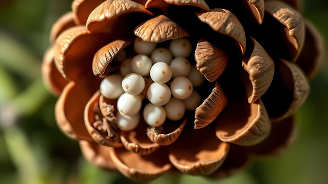 ovules. A pine cone with parted scales revealing tiny pearl-like ovules inside, botanical focus. gardening catalogs, home-decor guides, designed for home decor and floral branding.