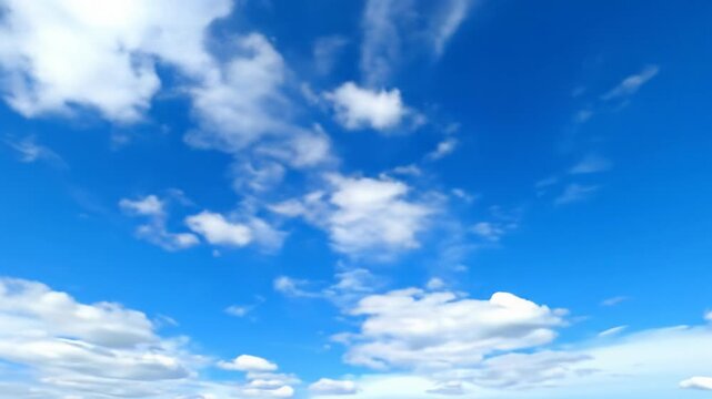 Vast, pristine blue sky with soft white cumulus clouds slowly drifting, subtle cinematic movement, negative space for text. Concept of optimism and boundless potential