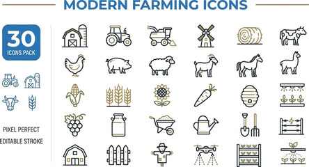 Modern Farming and Agritech outline icon set. Featuring tractor, smart sensor, livestock, crop drone, and automated irrigation symbols. Editable stroke vector icons for agriculture innovation. © Pixel_Forge
