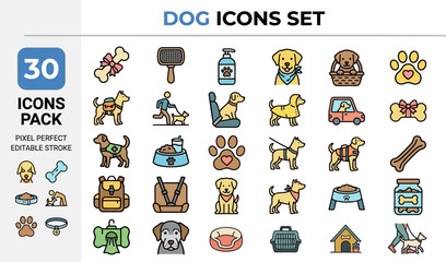 Dog and Canine Breed outline icon set. Featuring puppy, leash, bone, paw, and dog food symbols. Editable stroke vector icons for veterinary service and pet shop catalog design template. © Pixel_Forge