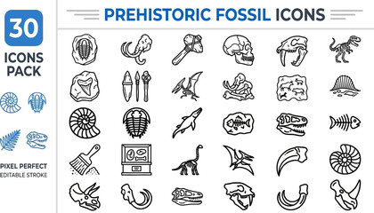 Prehistoric dinosaur fossils and archaeology line vector icon set © Pixel_Forge