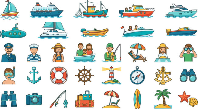 Boat and Yacht outline icon set. Featuring sailboat, cruise ship, captain, lifebuoy, and marine flag symbols. Editable stroke vector icons for boating recreation and maritime travel design.