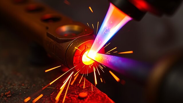 brazed. Close-up of brass being brazed to iron with glowing molten metal and sparks. safety posters, maintenance manuals, designed for industrial assembly lines and welding operations.