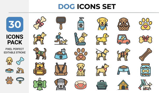Dog and Canine Breed outline icon set. Featuring puppy, leash, bone, paw, and dog food symbols. Editable stroke vector icons for veterinary service and pet shop catalog design template.