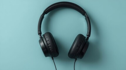 Fototapeta premium Black Headphones On Blue Background Minimal Music Lifestyle Concept