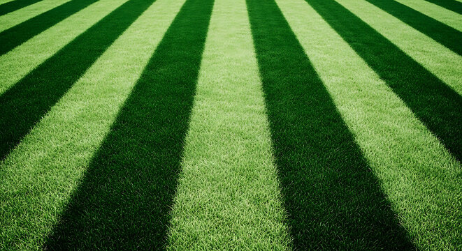 Abstract texture of green grass lawn on a sports field, high angle view showing parallel striped pattern of mown turf used for football or soccer grounds, natural outdoor background for design