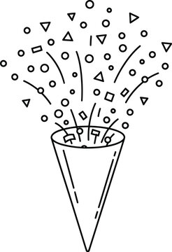 Simple line drawing of a party popper with confetti and shapes exploding