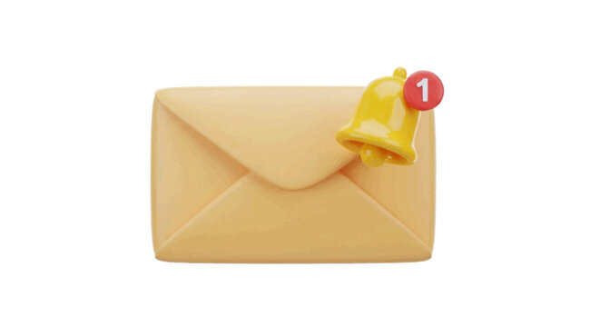 Vector illustration&nbsp;of 3d mail envelope with yellow notification bell on a transparent background