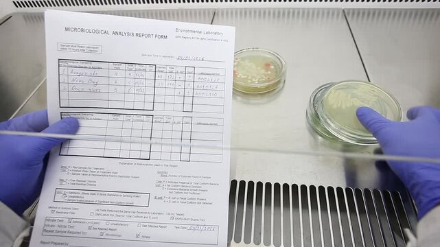 A scientist holds up a completed lab test form and compares it to a petri dish in which bacteria have grown.
